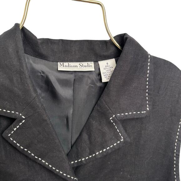 Vintage Madison Studio Black Linen Collarec Maxi Dress Contrast Stitching Belted - Picture 5 of 7